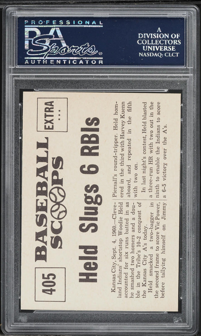 1961 Nu-Card Scoops BB Card #405 Woodie Held SLUGS 2 HOMERS PSA 9 MINT (MGD2)