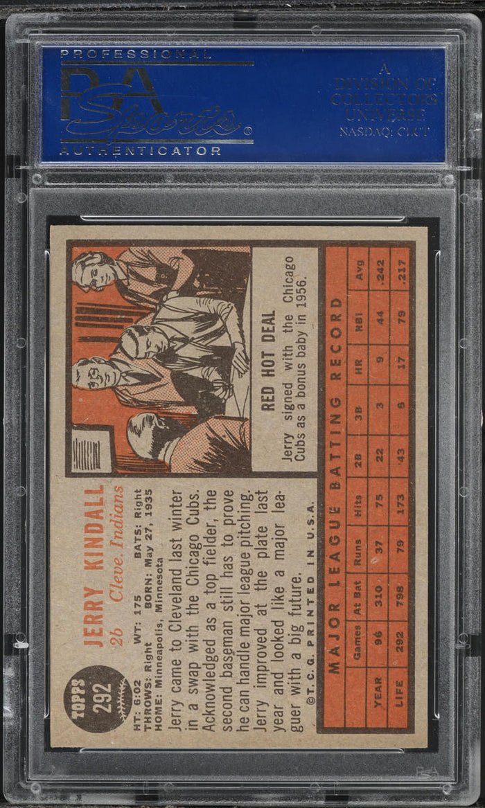 1962 Topps BB Card #292 Jerry Kindall Cleveland Indians HOF PSA 8 NM-MT (MGD2)
