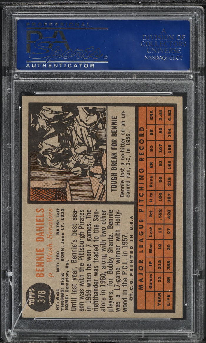1962 Topps BB Card #378 Bennie Daniels Washington Senators PSA 8 NM-MT (MGD2)