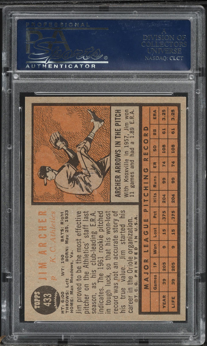 1962 Topps BB Card #433 Jim Archer Kansas City Athletics PSA 8 NM-MT (MGD2)