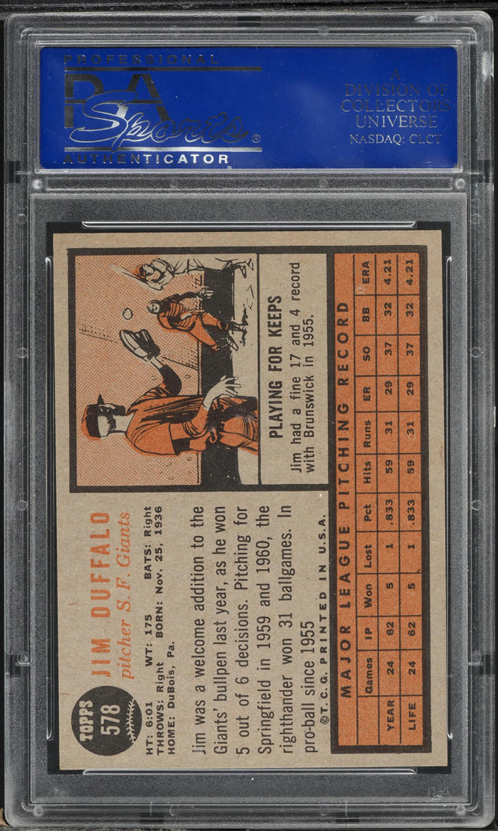 1962 Topps BB Card #578 Jim Duffalo San Francisco Giants ROOKIE RC PSA 8 NM-MT (MGD2)