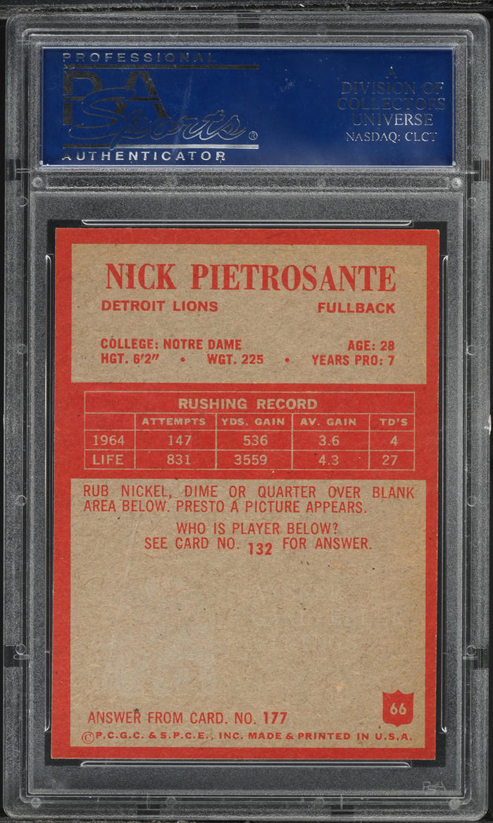1965 Philadelphia FB Card # 66 Nick Pietrosante Detroit Lions PSA 8 NM-MT (MGD2)