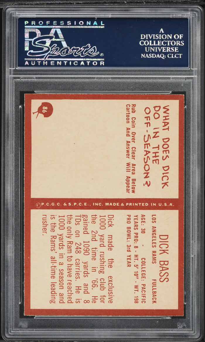 1967 Philadelphia FB Card # 86 Dick Bass Los Angeles Rams PSA 9 MINT (MGD2)
