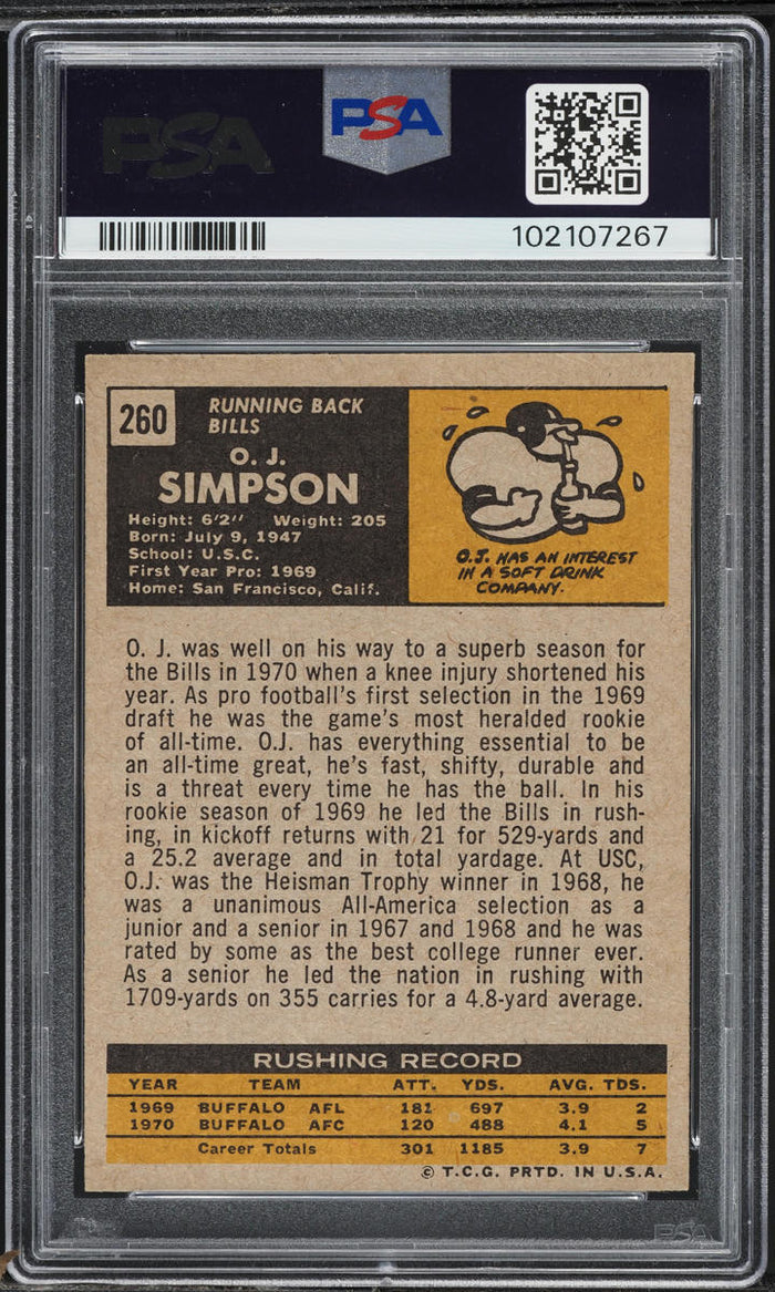 1971 Topps FB Card #260 O.J. Simpson Buffalo Bills HOF PSA 6 EXMT (MGD2)