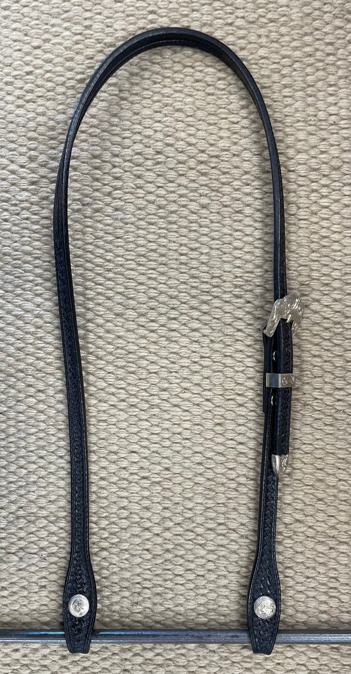Headstall - HS247 - 1/2" Single Buckle Split Ear Basket Black w/ Silver Overlay Trim