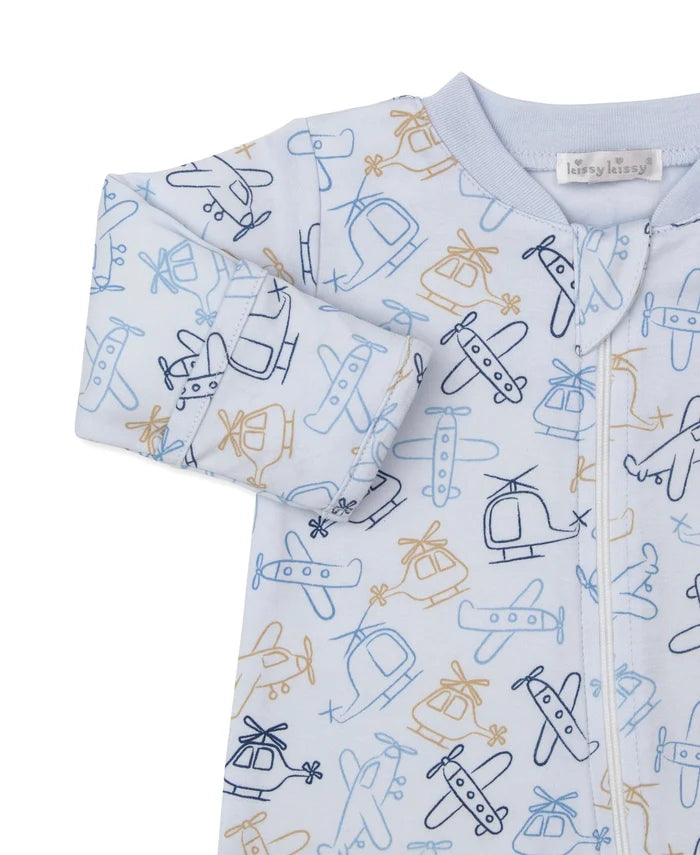 Blue Air Travel Print Zip Footie
