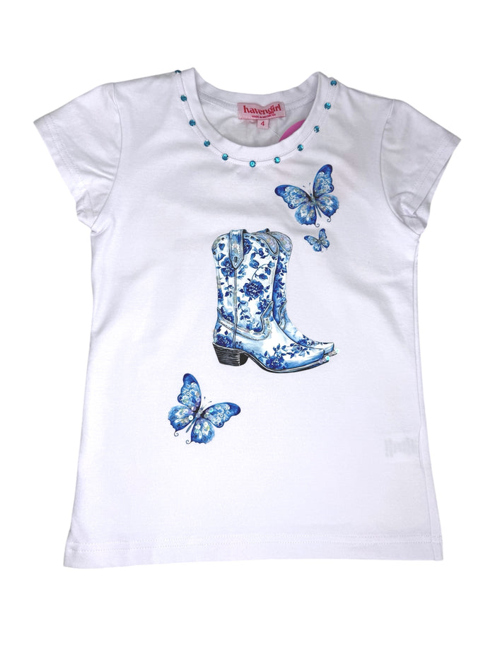 Blue Boot n Butterfly White Cap Sleeve Tee