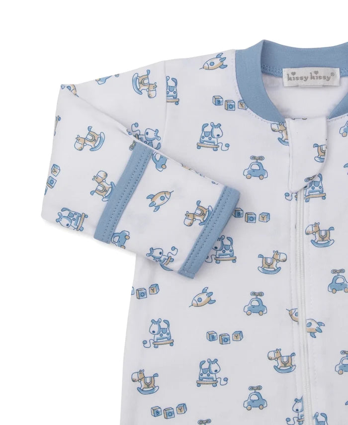 Blue Vintage Toy Fun Print Zip Footie