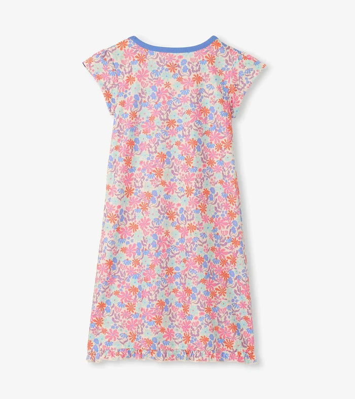 Blue Whimsical Flowers Ruffle Hem Nightgown