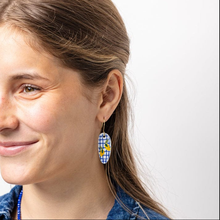Danielle Oval Ceramic Earring With Lemons And Blue Plaid Drop