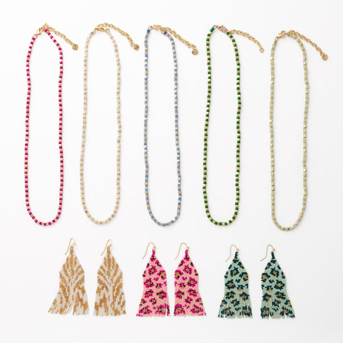 Delilah Cheetah Print Beaded Fringe Earrings Pink + Gold Fringe