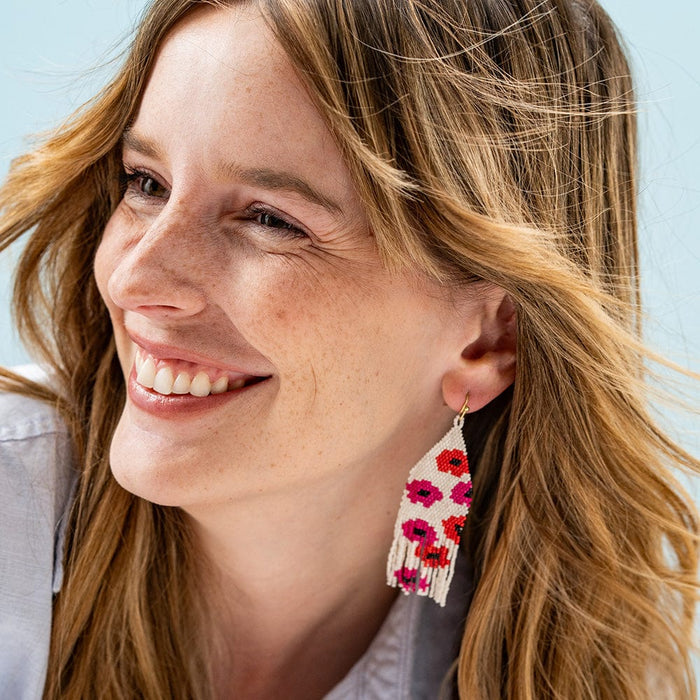 Delilah Poppies Beaded Fringe Earrings Hot Pink/Red Fringe