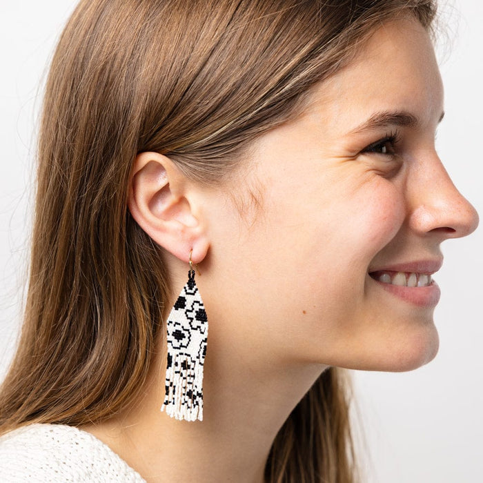Delilah Poppies Beaded Fringe Earrings Ivory/Black Fringe