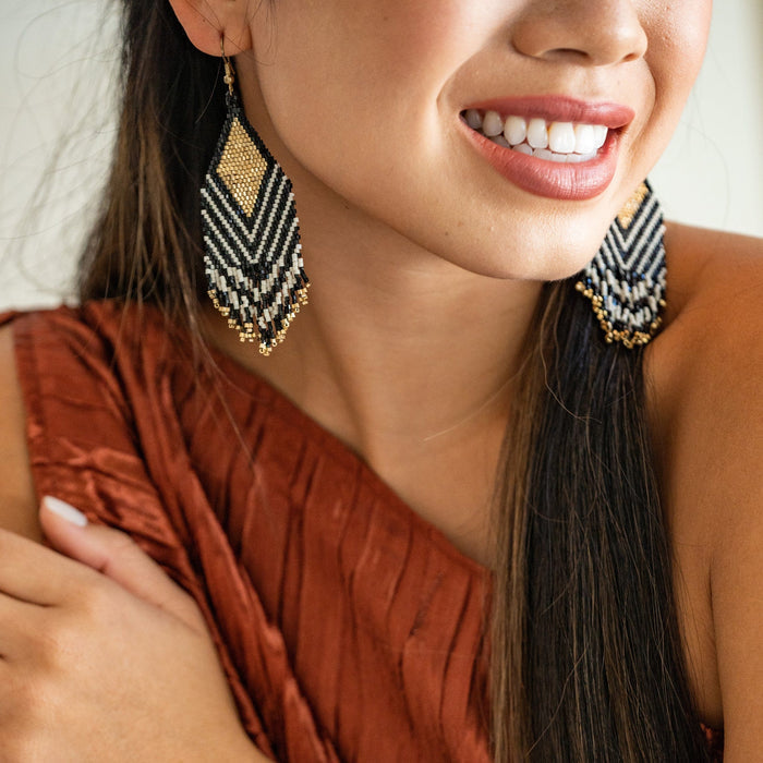 Dottie Diamond Angle Beaded Fringe Earrings Black Earrings