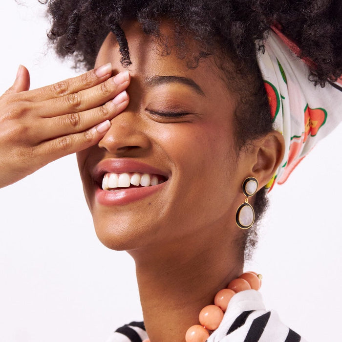 Elaine Semi-Precious Stone + Enamel Drop Earrings Black + Rainbow Moonstone Drop
