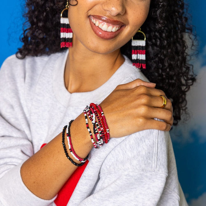 Game Day Beaded 10 Strand Stretch Bracelets Dark Red, Black, White Stack