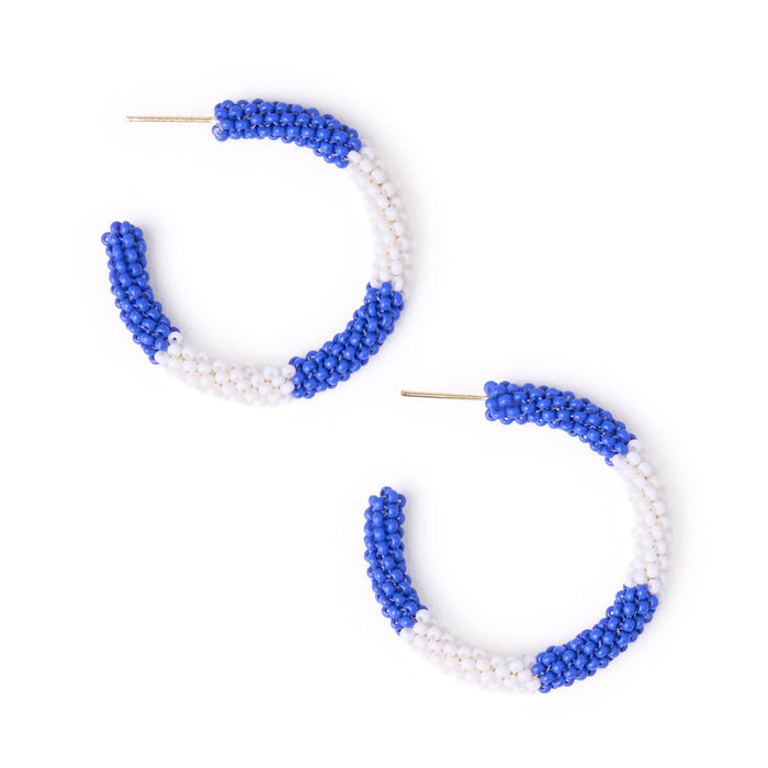 Game Day Beaded Color Block Hoop Earrings Blue + White Hoop