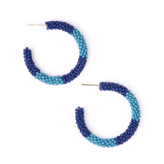 Game Day Beaded Color Block Hoop Earrings Light Blue + Navy Hoop
