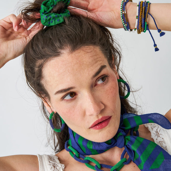 Game Day Beaded Color Block Hoop Earrings Navy + Green Hoop