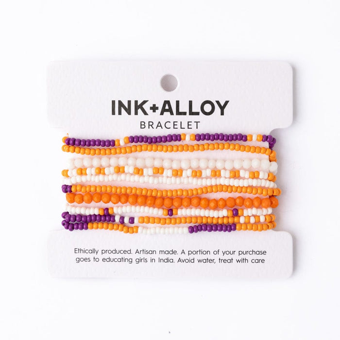 Game Day Color Block Beaded 10 Strand Stretch Bracelets Orange + Purple Stack