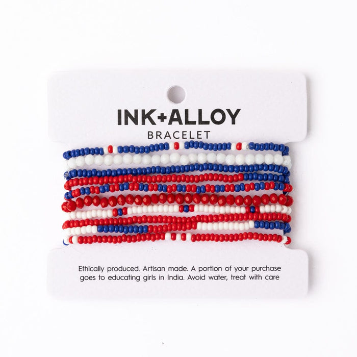 Game Day Color Block Beaded 10 Strand Stretch Bracelets Red + Blue Stack