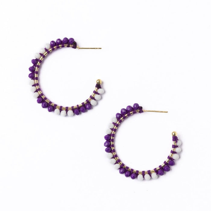Game Day Crystal Threaded Beads Hoop Earrings Purple + White Hoops