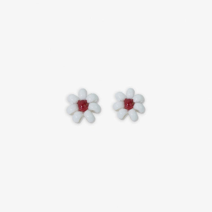 Game Day Flower Two Color Beaded Post Earrings White + Dark Red