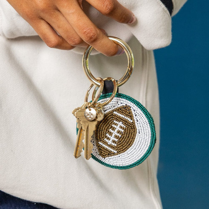 Game Day Football Beaded Bag Charm Green + White Key Ring + Bag Charm