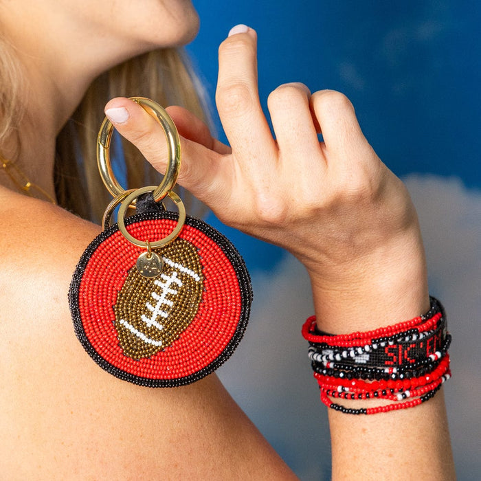 Game Day Football Beaded Bag Charm Red + Black Key Ring + Bag Charm