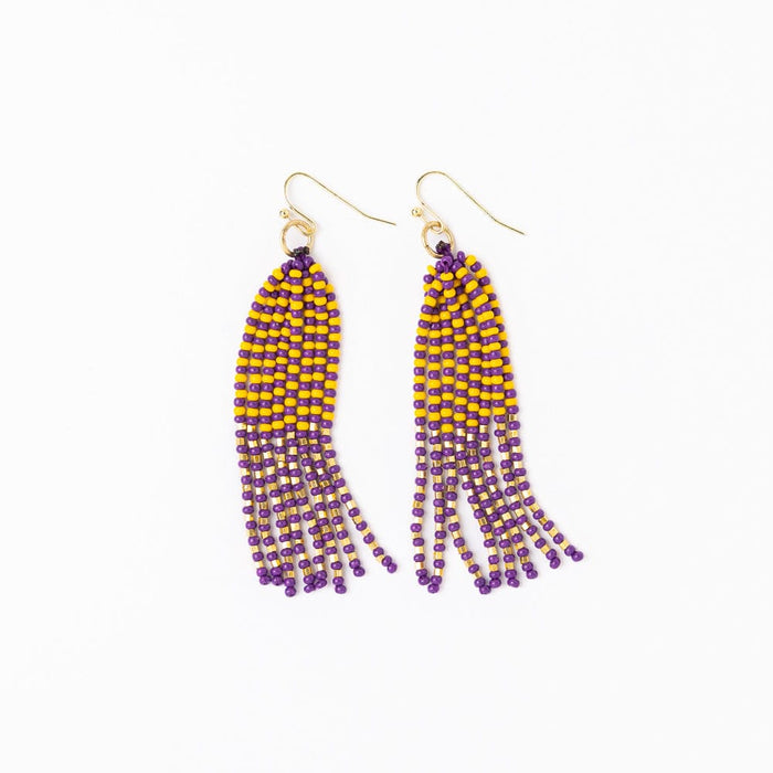 Game Day Tassel Seed Bead Earrings Purple + Yellow Fringe