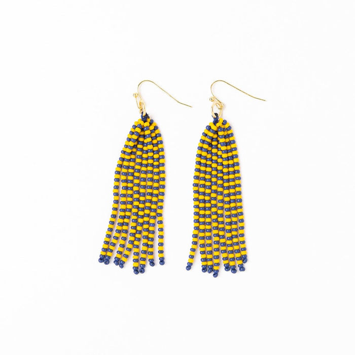 Game Day Tassel Seed Bead Earrings Yellow + Blue Fringe