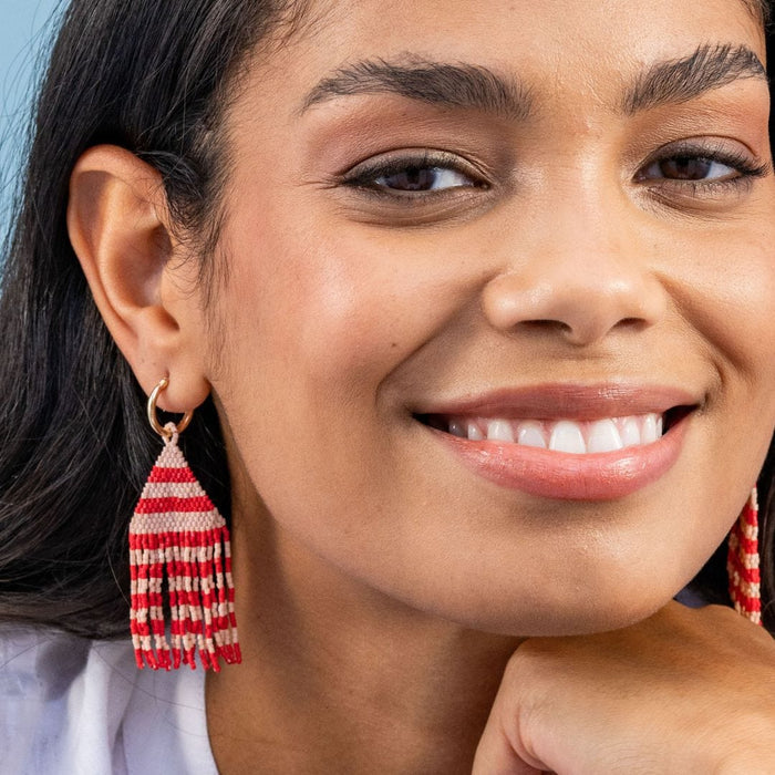 James Mini Gold Hoop Two Tone Stripes Beaded Fringe Earrings Poppy