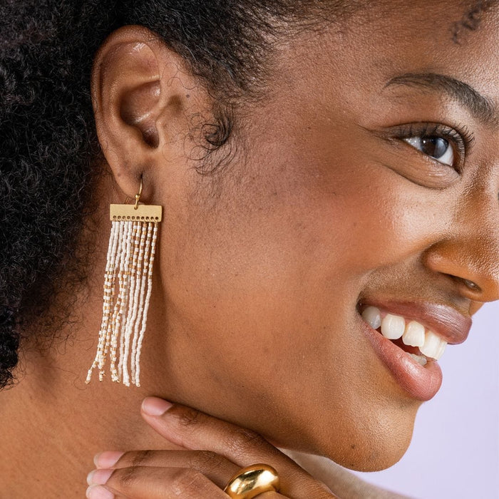 Lana Rectangle Hanger Colorblocks With Stripes Beaded Fringe Earrings Blush Fringe Earrings