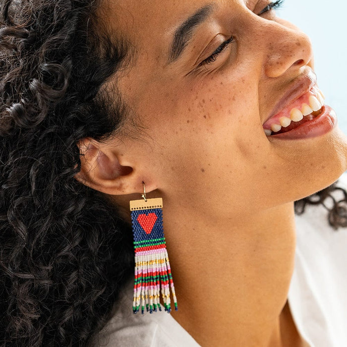 Lauren Stripe Heart Beaded Earrings Navy Red Fringe