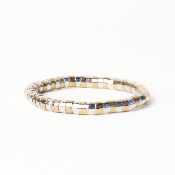 Lucille Round Bead Stretch Bracelet Alternating Brass + Silver Stretch