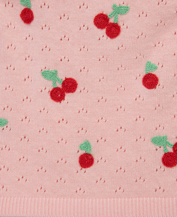 Peach Pointelle Knit Cherry Emb Short Set