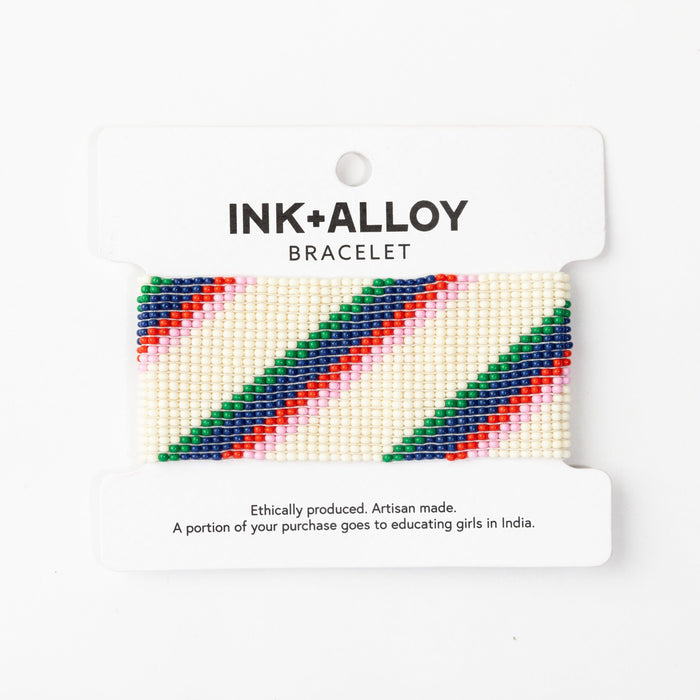 Penelope Stripe Diagonal Seed Bead Bracelet Ivory Navy Green Red Stretch