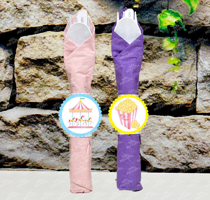 Pink Carnival Theme Napkin Wrapped Utensil Kits | Circus Theme Party Decoration VARIETY