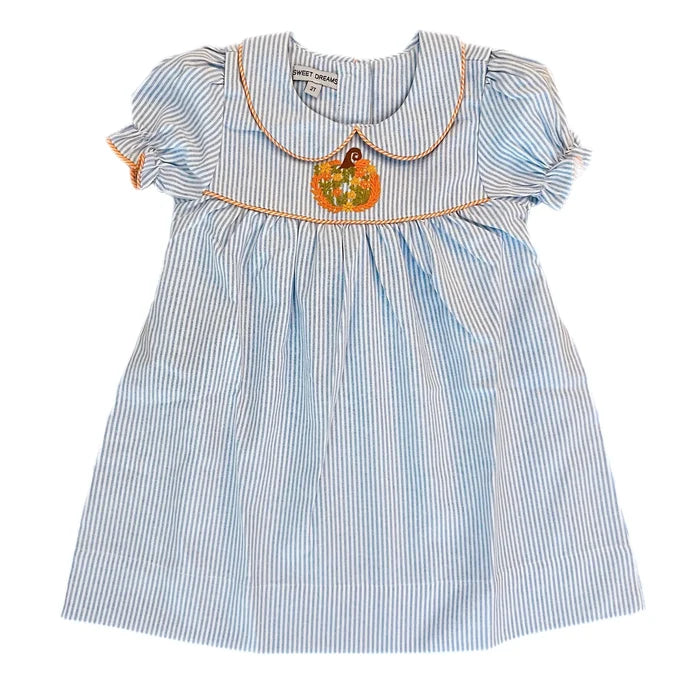 Pumpkin Embroidered Blue Stripe Dress