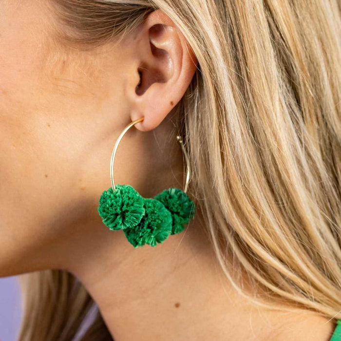 Rita Raffia Poms Hoop Earrings Kelly Green