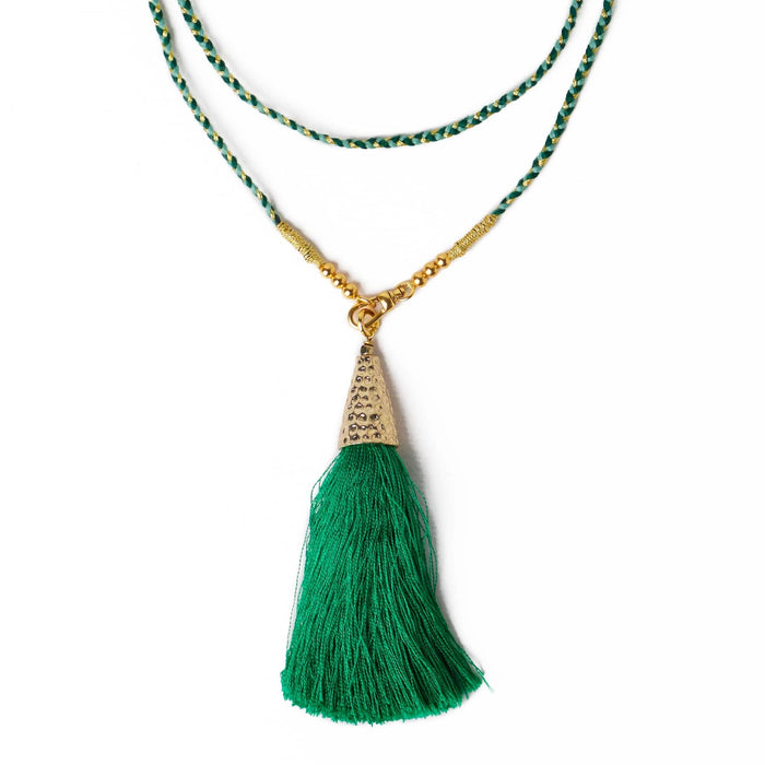 Roxanne Braided Necklace With Tassel Mint + Green Single Strand