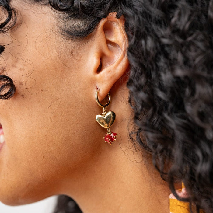 Ruby Small Brass Heart Hoop Earrings Red Drop