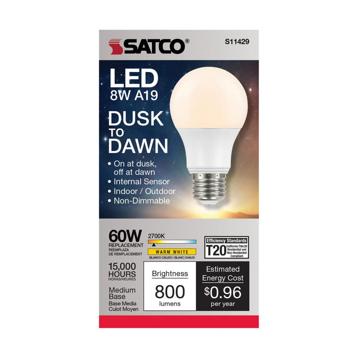 LED A Lamp Satco S11429 8A19/DUSK/DAWN/LED/27K 8.5 Watt A19 LED Dusk to Dawn Bulb 2700K Satco