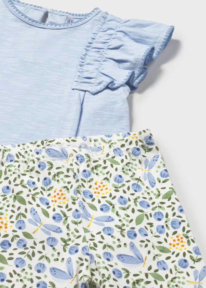 Sky Blue Ruffle Pleat Tee & Floral Butterfly Leggings