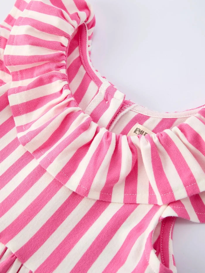 Spring Pink Striped Ruffled Girls' Dress with Hat