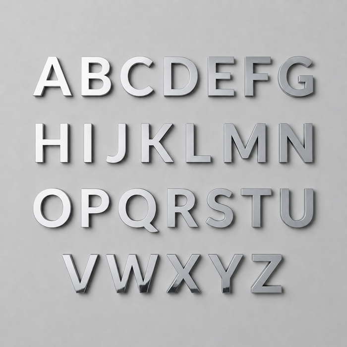 Mirrored stainless steel alphabet letters arranged in rows.