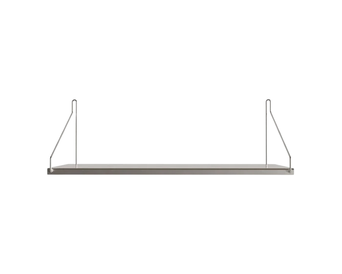 Wide stainless steel wall shelf with triangular wire brackets.
