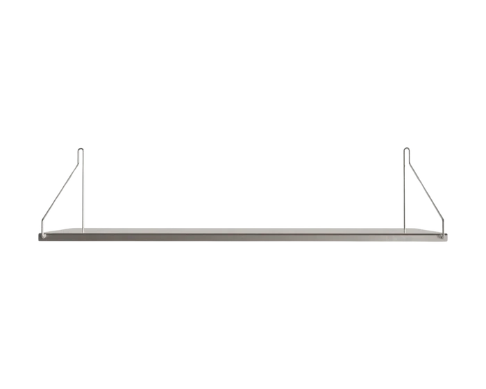Long stainless steel wall shelf with triangular wire brackets.