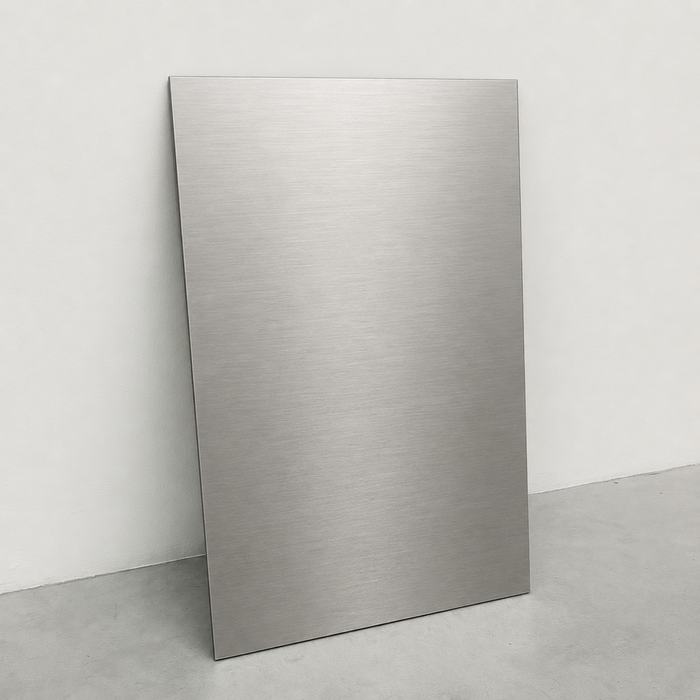 Blank brushed stainless steel panel leaning against a wall.