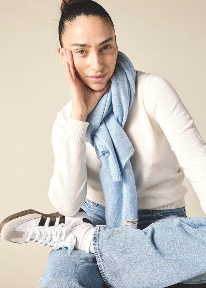 100% cashmere scarf in pale marle blue - sonyahopkins.com